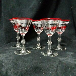 Set of 5 Vintage Martini/Cordial Glasses Red/Black/White Design